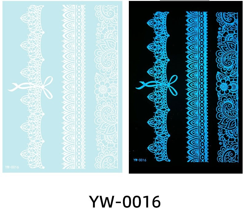 Two lace patterned stickers, one white on blue and one blue on black, with 'YW-0016' label.